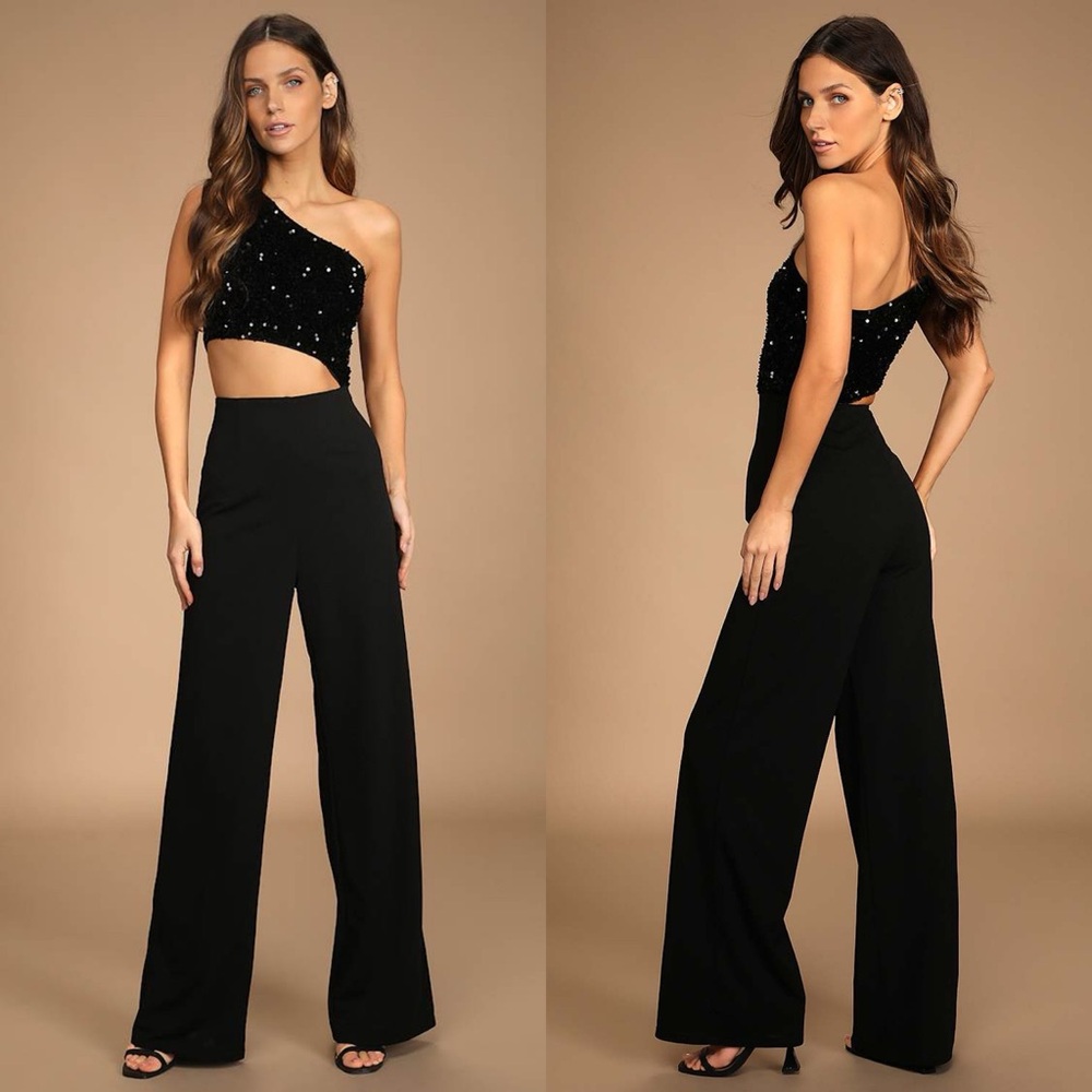 Lulus | Feel the Glow Black Sequin One-Shoulder Cutout Jumpsuit